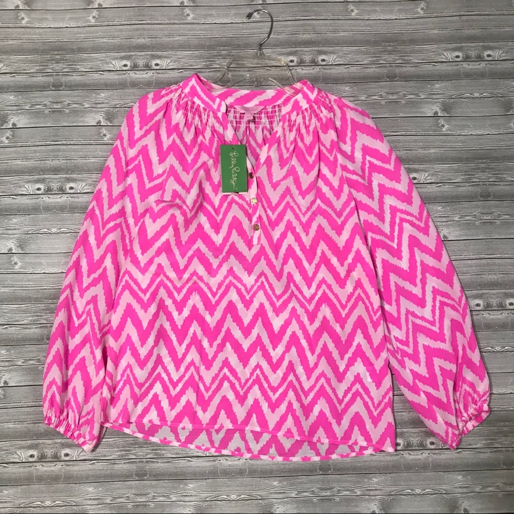 Lilly Pulitzer silk Elsa Top pink white chevron